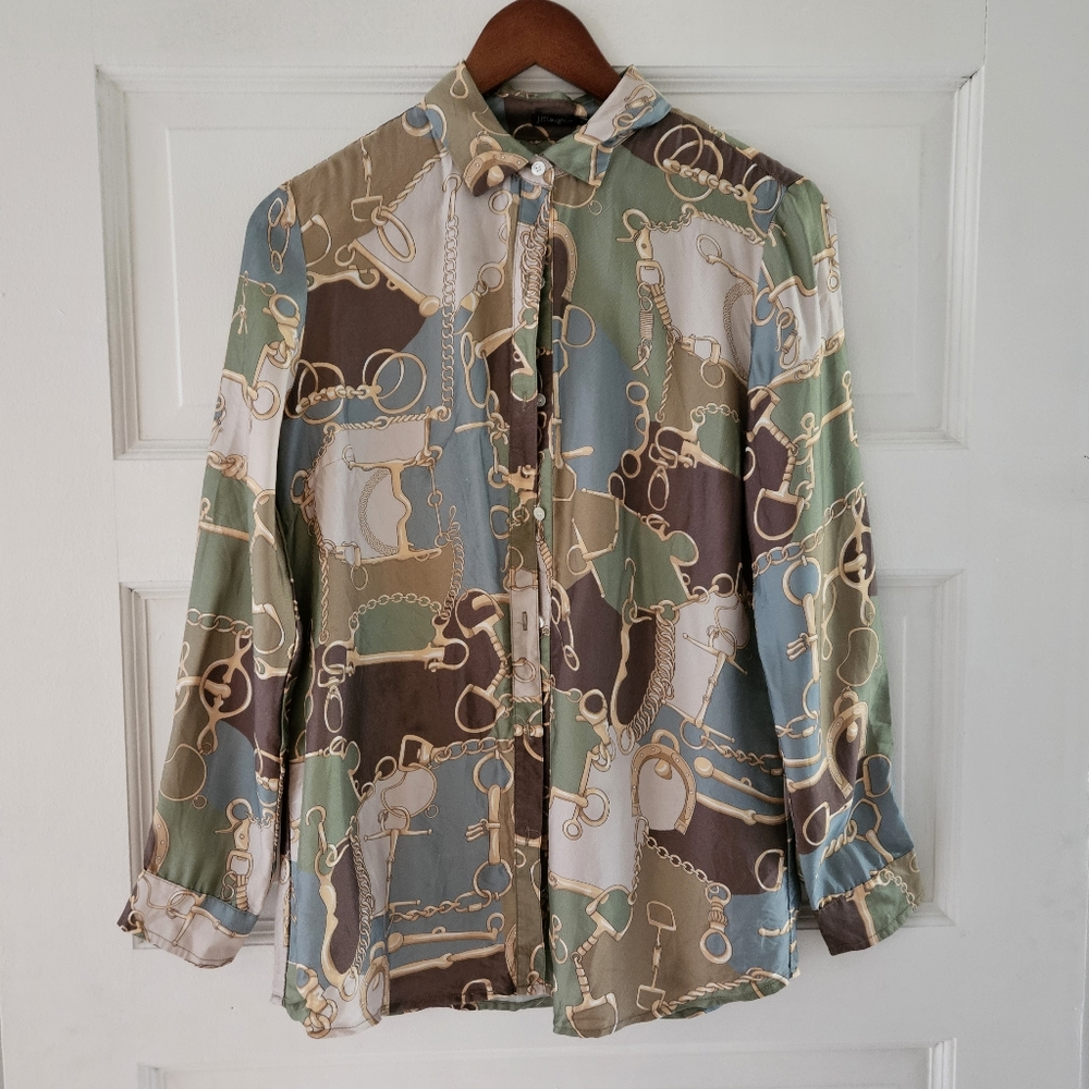Silk dress shirt equestrian print brown green white blue, size small